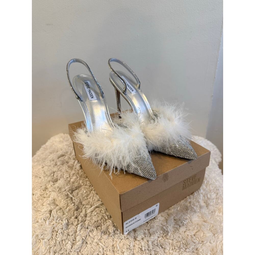 Steve Madden Silver Rhinestone Slingback Pumps with White Feather Trim Size 11